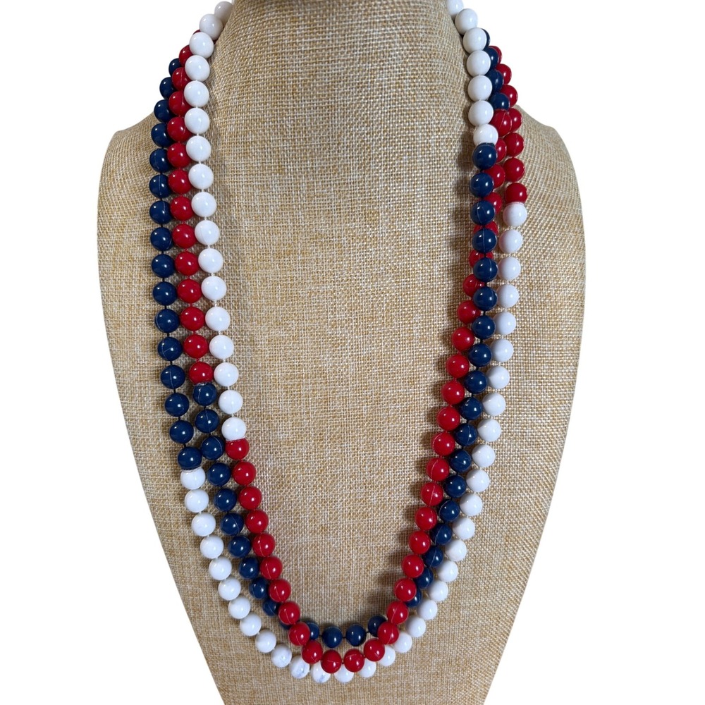 Red White Blue Beaded Necklace‎ Extra Long  Hand Knotted Patriotic Nautical
